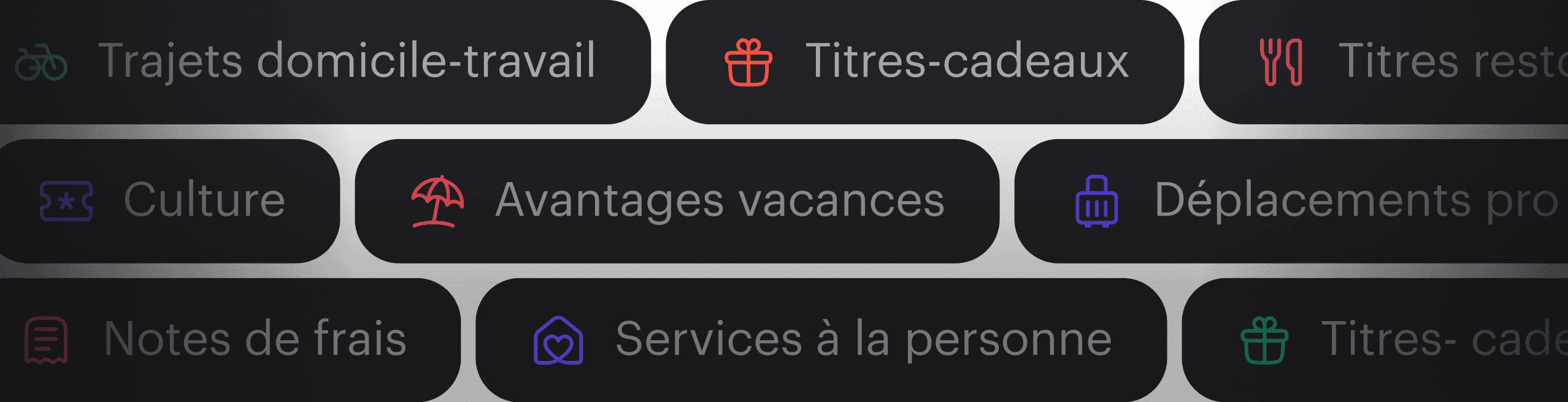 Avantages disponibles dans l'application: trajets domicile-travail, titres-cadeaux, notes de frais, ...