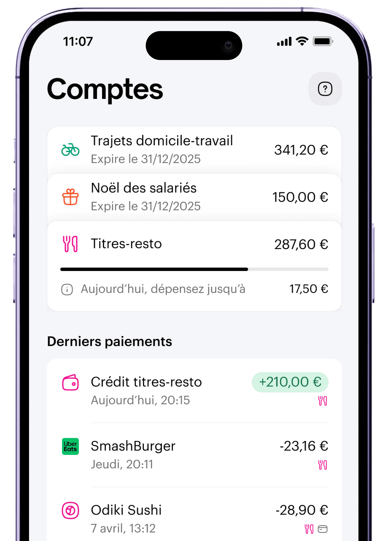 Interface de l'application Swile affichant le solde des titres-restaurant et les dernières transactions