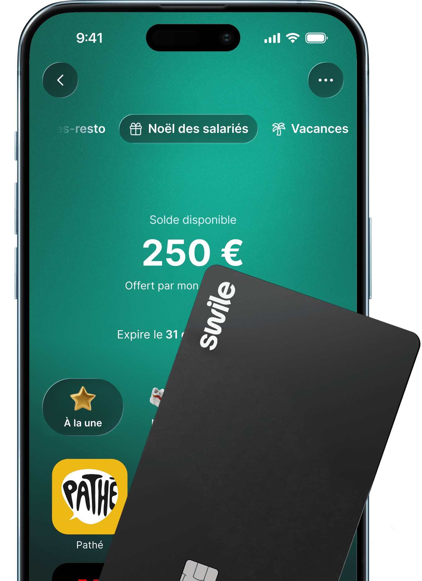 Application Swile affichant une dotation Carte cadeau de 250 €
